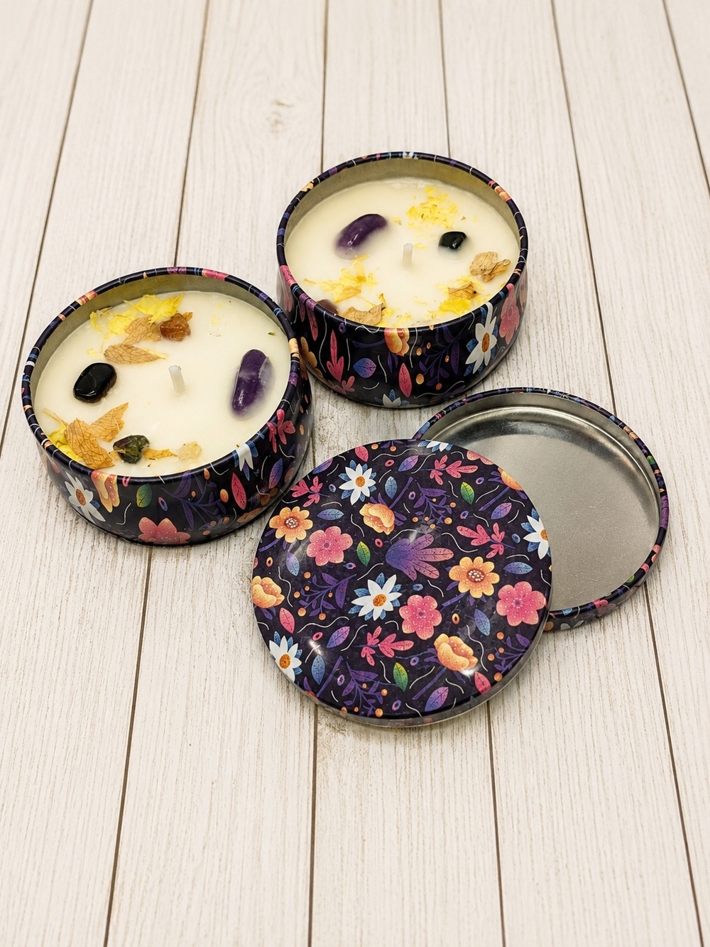 Floral Scented Tin Candles with Crystals - Purple Floral (Set of 2)